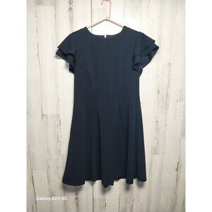 Tommy Hilfiger Navy Flutter Ruffle Sleeve Fit & Flare Dress 14 Gold Zipper